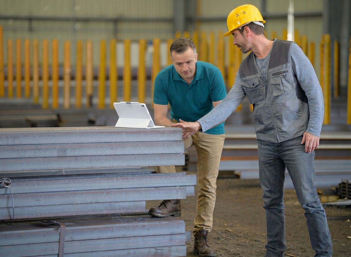 Two people reviewing information on a tablet beside steel materials in a workshop