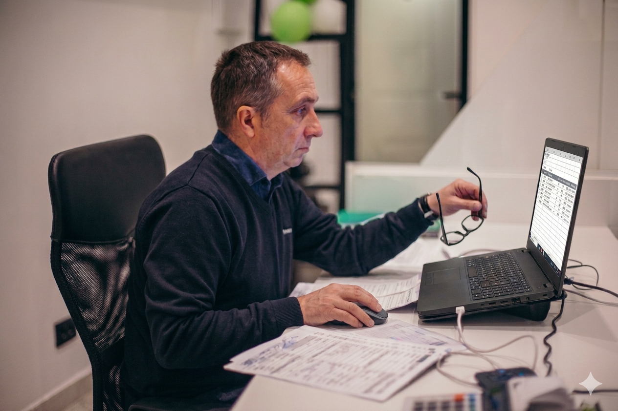 Estimator reviewing job on laptop