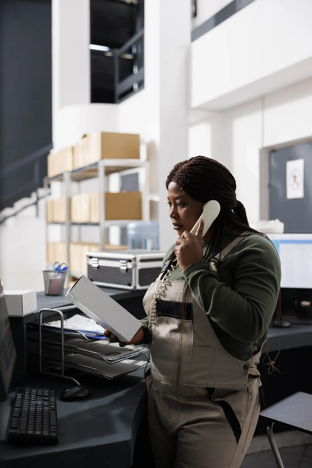 Woman talking on the phone while reviewing a document at work
