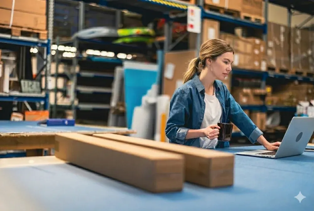 Woman checking a laptop beside packed orders in a warehouse