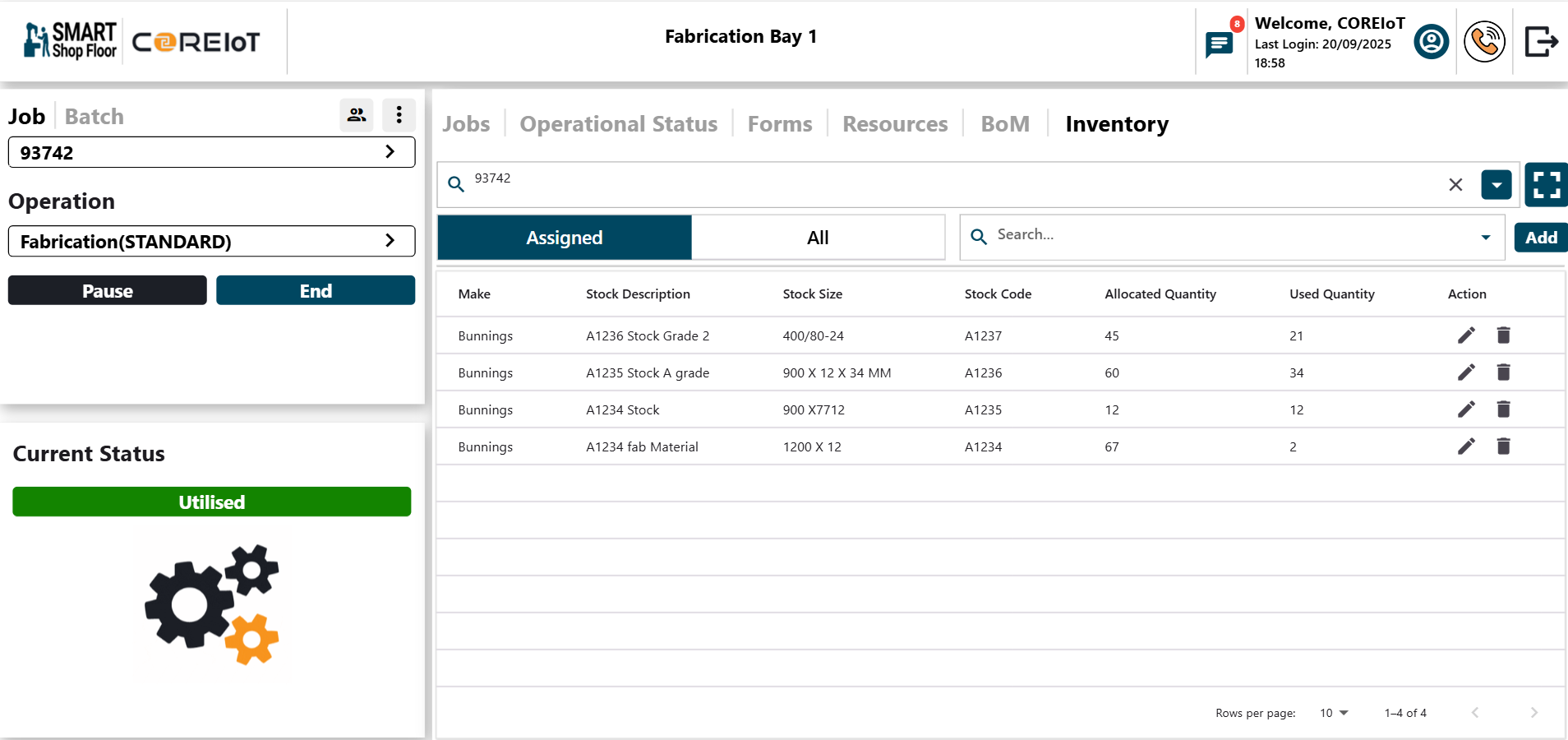 Tablet showing inventory assigned to job